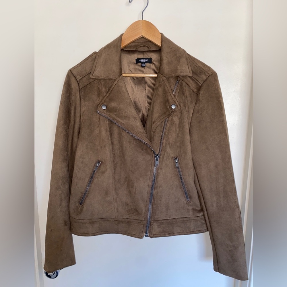 Brown Faux Suede Moto Jacket - Size Large | Premiere | Great Condition